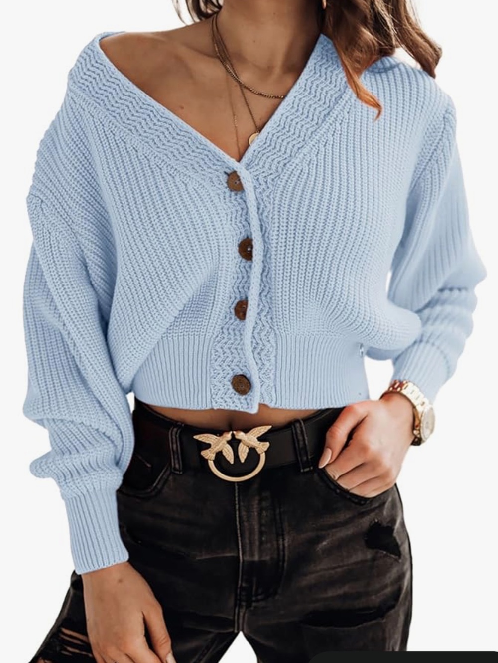 Amazon Women's Sky Blue Ribbed V‑Neck Cropped Cardigan